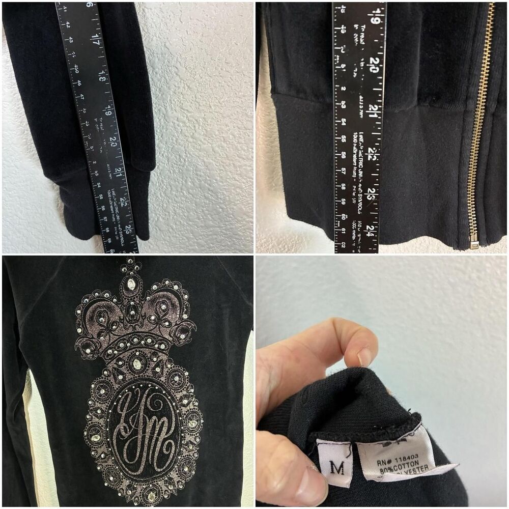 Yvette Mandell Hoodie Womens M Black Velour Full Zip Jeweled Crown Graphic y2k - Picture 7 of 8